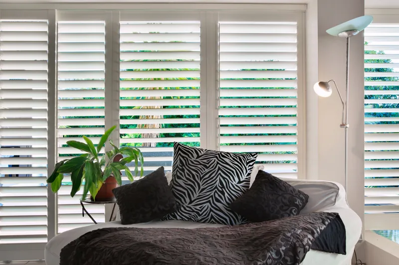 Detail of aluminium shutter blades providing privacy and ventilation