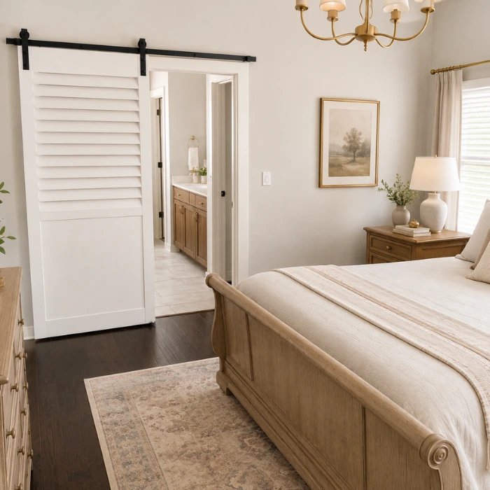 Shutter Style barn door used as a room divider between living spaces
