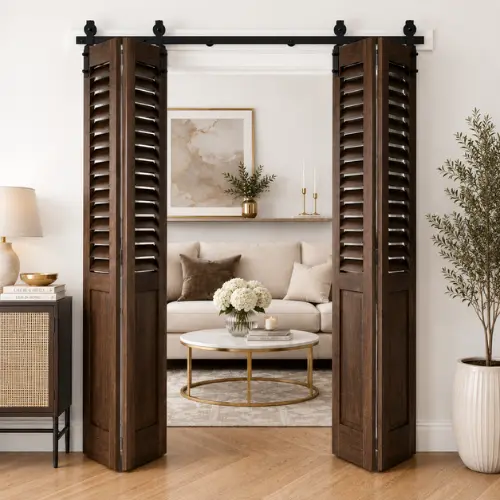 Sliding plantation-shutter barn door fronting a wardrobe opening