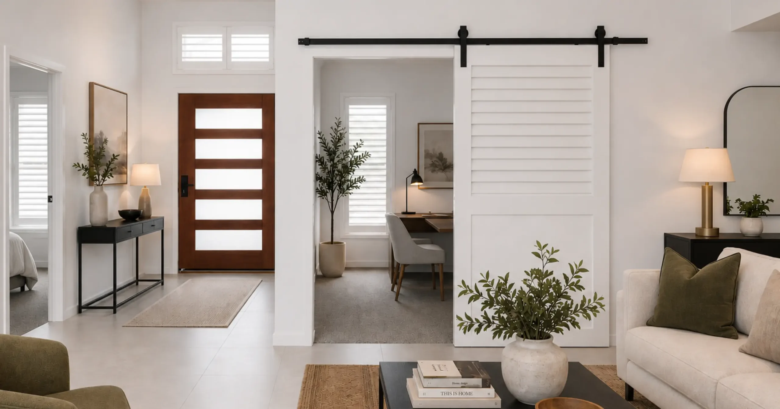Sliding Shutter Style barn door with louvred plantation-shutter panels