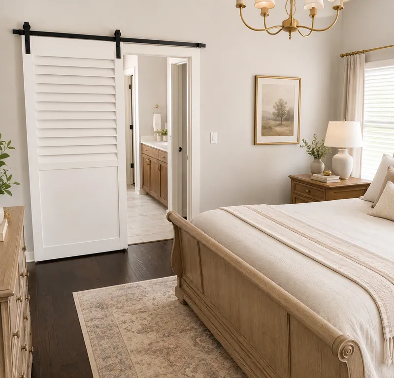 White louvred barn door sliding across a bedroom entry