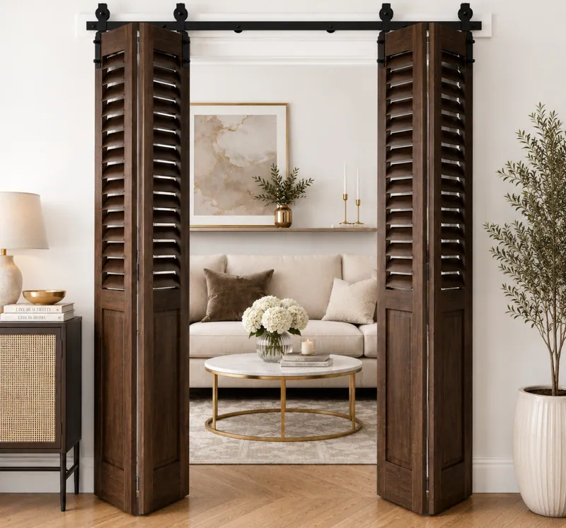 A pair of dark timber louvred barn doors closing off a sitting room