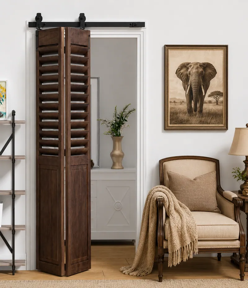 Dark stained louvred barn door open against a hallway wall