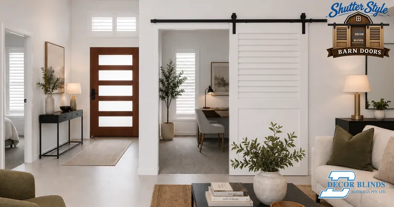 A Shutter Style barn door beside plantation shutters in an entry hallway