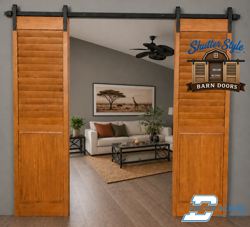 Light oak double barn doors opening to a living room