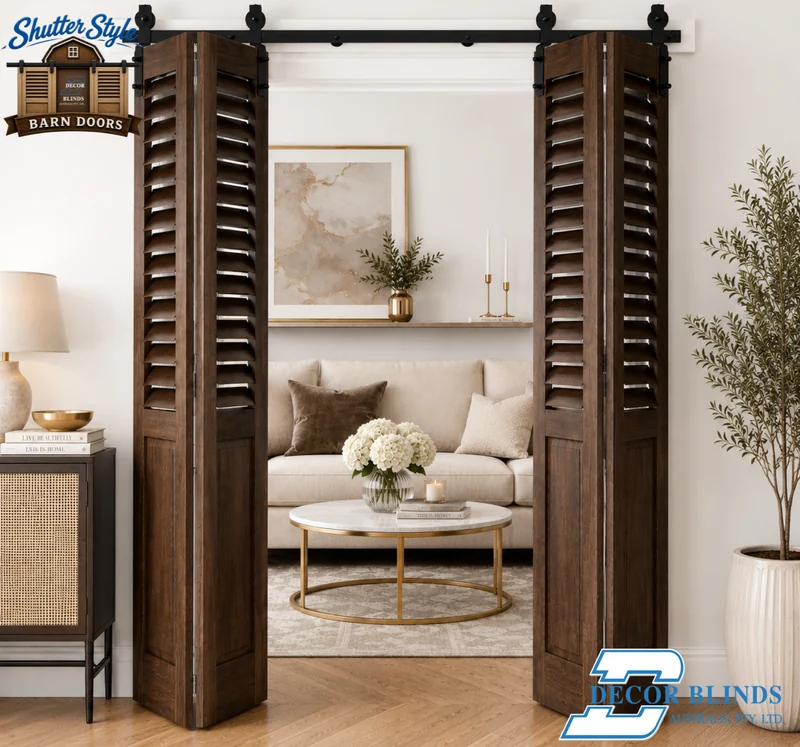 Dark walnut double barn doors opening to a living room with gold accents