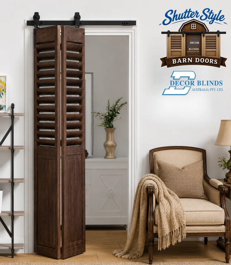 A dark walnut louvred barn door fronting a robe