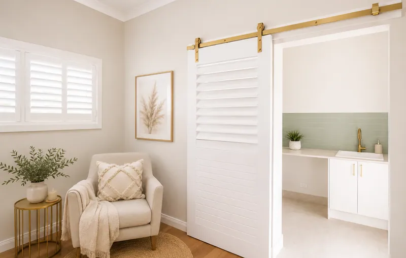 White louvred Shutter Style barn door on a brass track in a styled living room