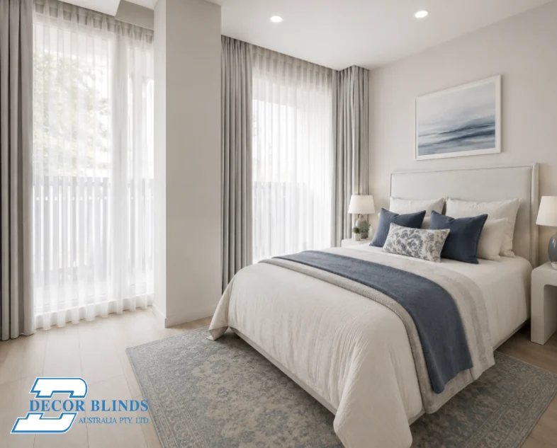 Sheer curtains beside a balcony door with a grey drape overlay
