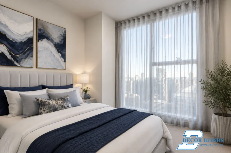 Sheer curtains filtering a Brisbane city skyline view