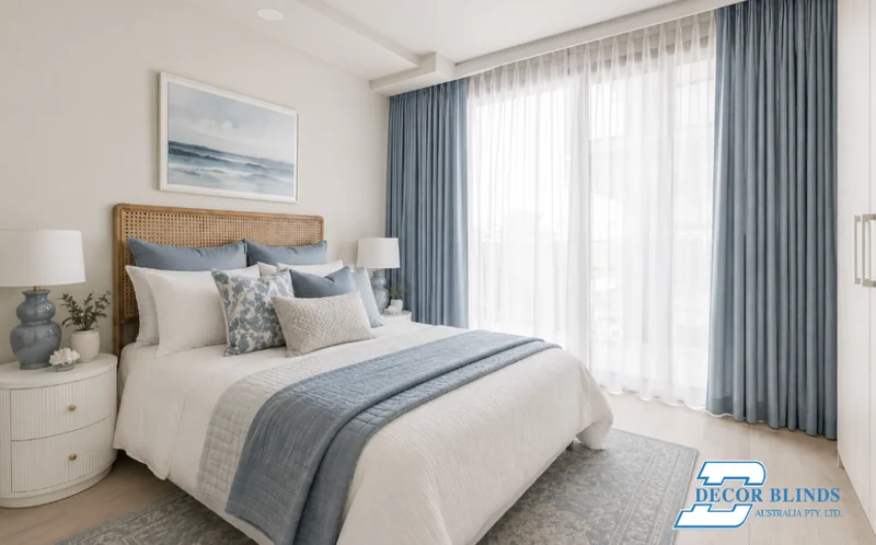 Sheer curtains layered with blue drapes in a coastal-styled bedroom