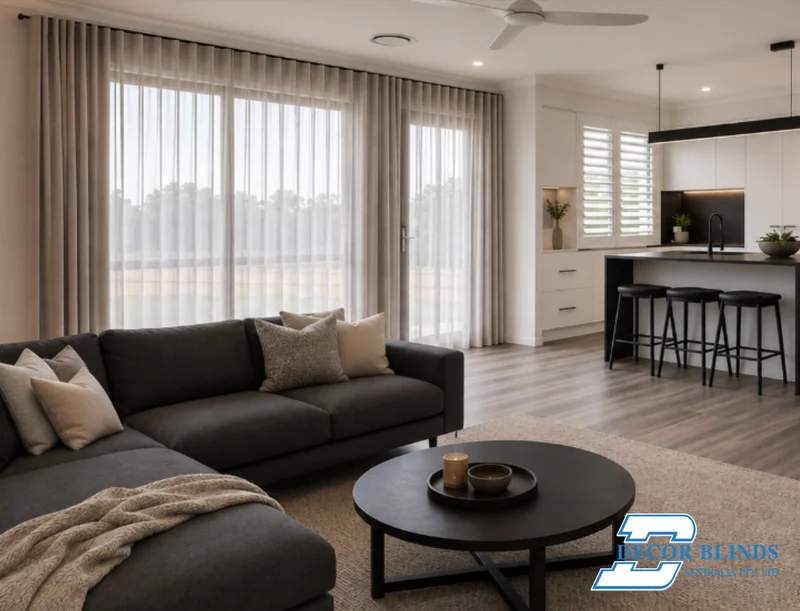Sheer curtains behind a grey sofa in an open-plan living room