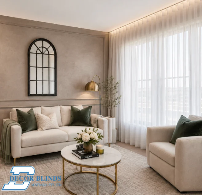 Sheer Elegant Shades beside an arched mirror in a living room