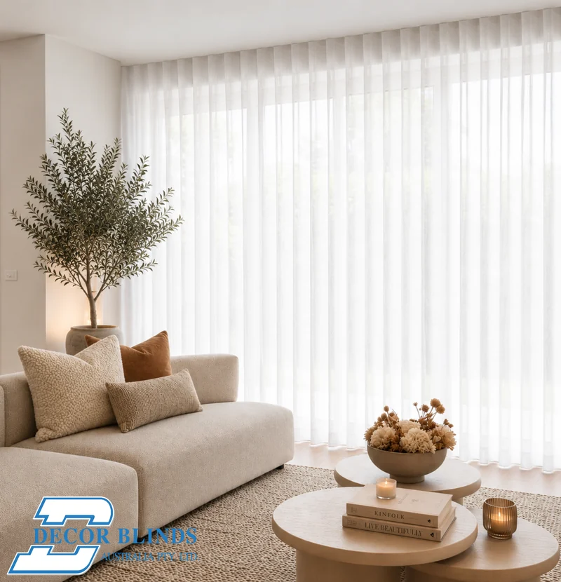 Sheer Elegant Shades behind a daybed and olive tree in a Brisbane living room