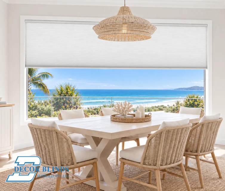 White honeycomb blind raised over a wide dining room window with an ocean view