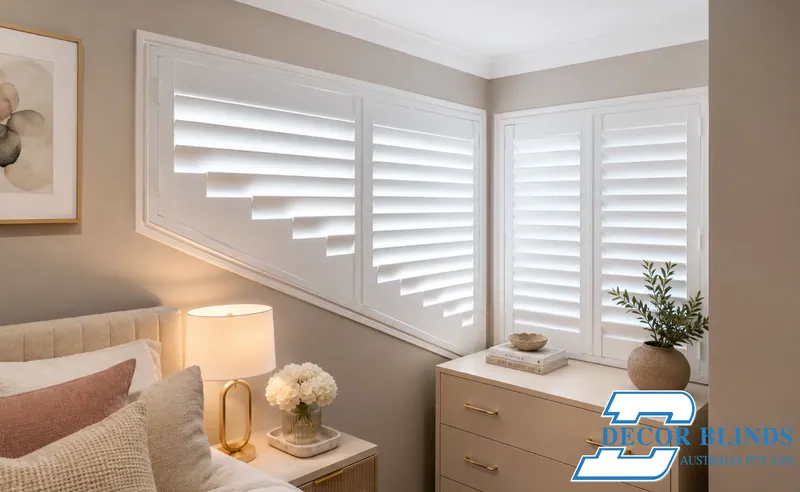 Angled plantation shutters on a raked bedroom window beside a square corner window