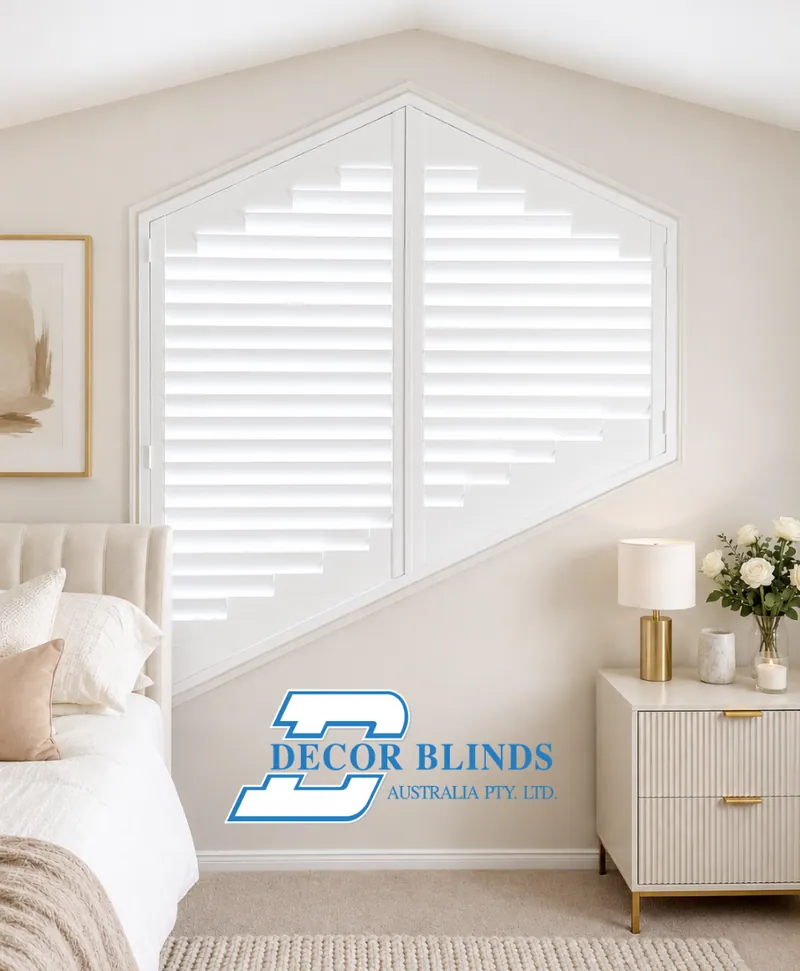 Shaped plantation shutters in a six-sided gable window above a bed