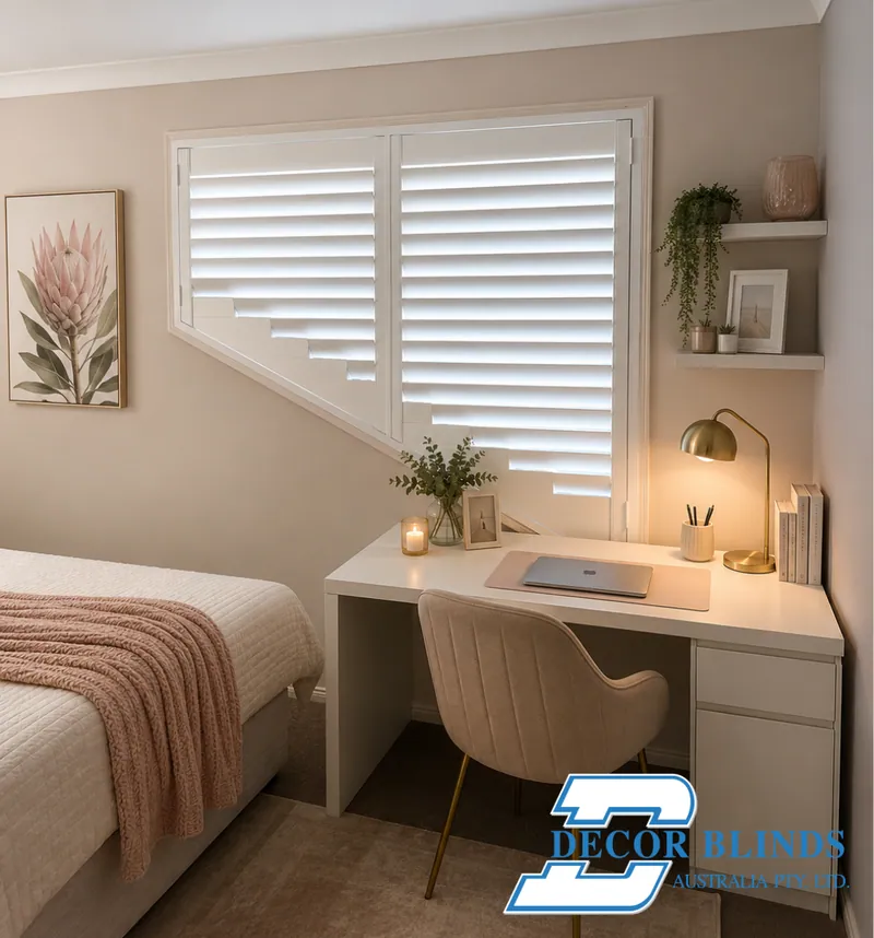 Angled plantation shutters on a raked window above a bedroom study desk