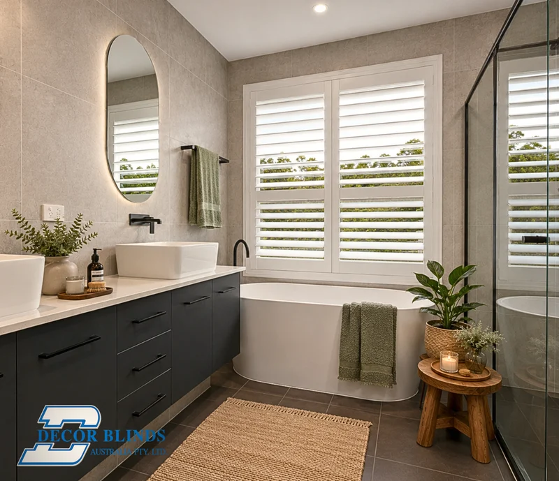 Plantation shutters above a towel rail beside a bathroom vanity
