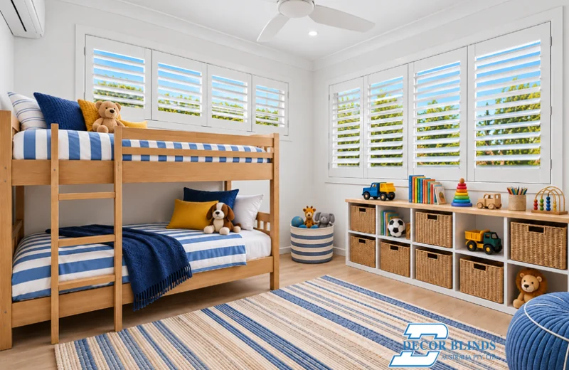 Plantation shutters around a blue-and-timber bunk bedroom