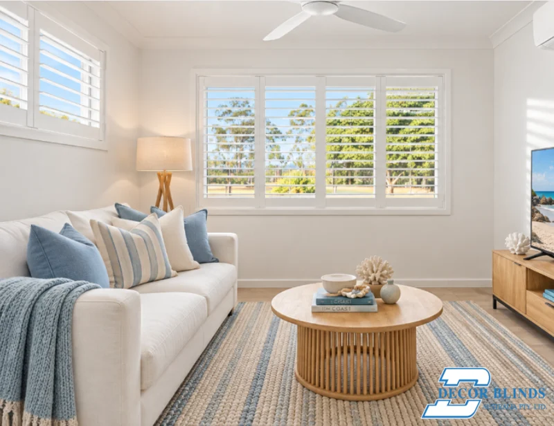Plantation shutters behind a sofa with blue cushions