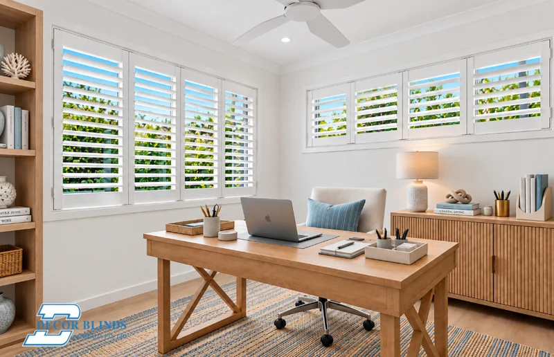 Plantation shutters on corner windows in a home office