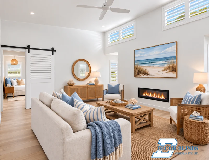 Plantation shutters above a living room with a fireplace and sliding barn door