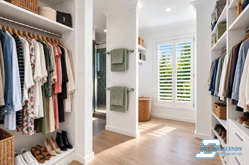 Plantation shutters at a window beside a walk-in wardrobe