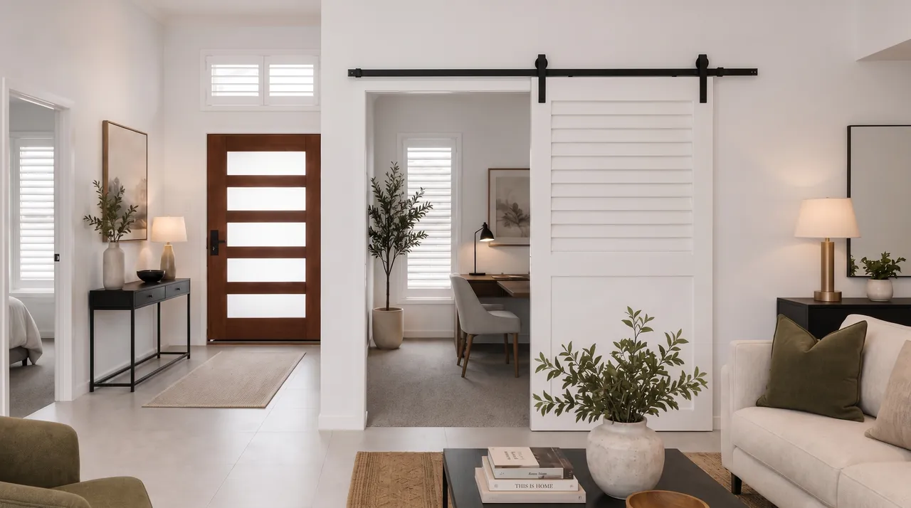 White shutter-style barn door on a black sliding track