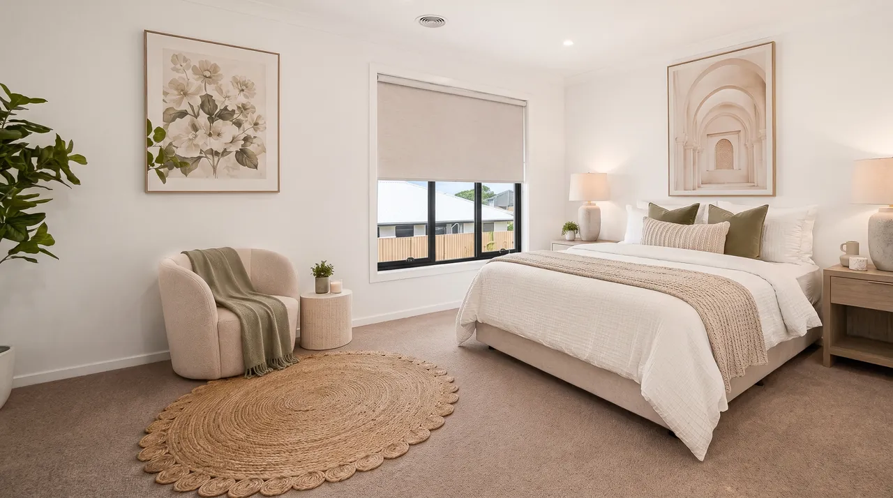 Bedroom with a light roller blind