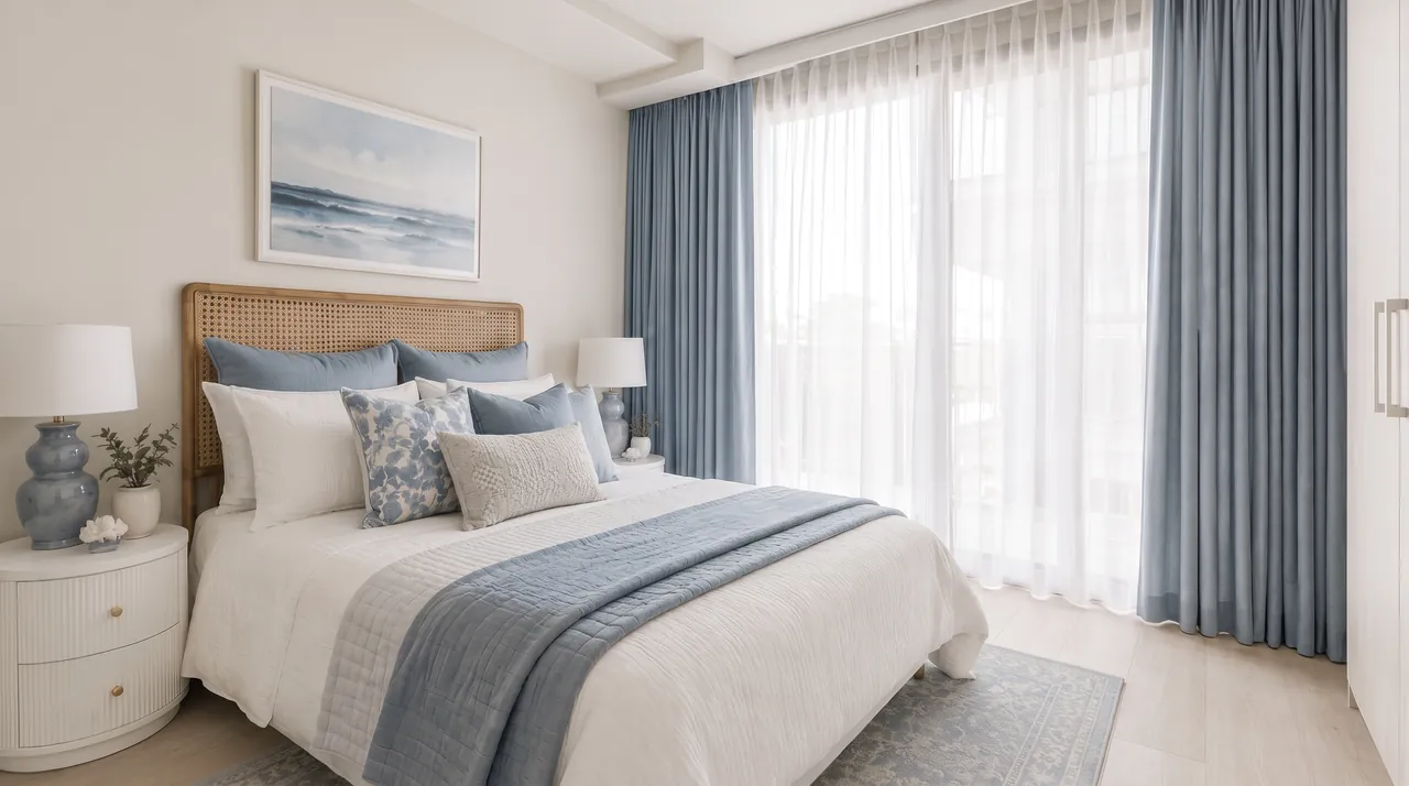 Bedroom with blue curtains over white sheers
