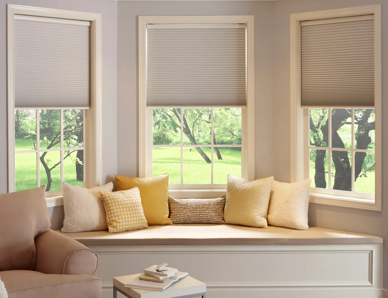 Honeycomb blinds on a bay window