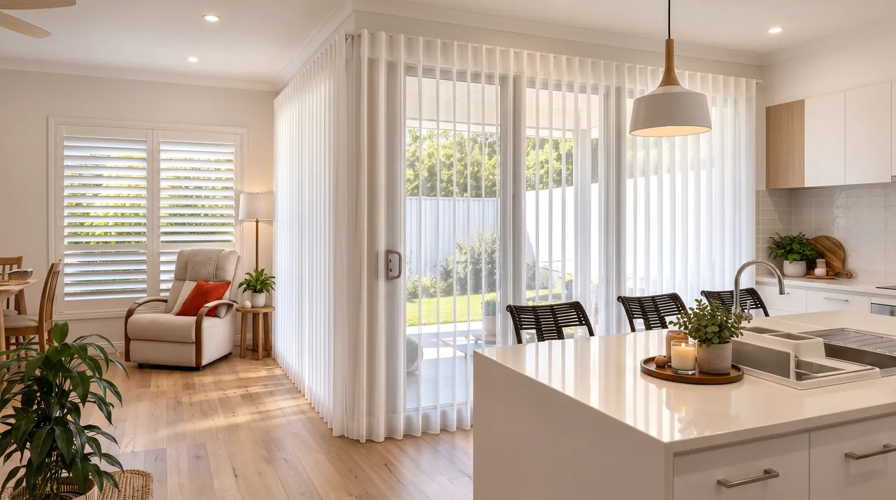 Open-plan living area with sheer vertical blinds and plantation shutters