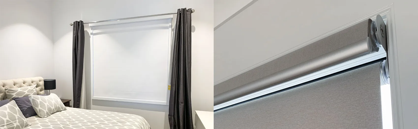 Room-darkening roller blind fitted in a Brisbane bedroom