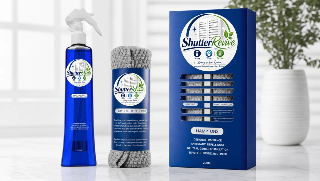 Shutter Revive shutter cleaning spray, pure cotton cloth and box, Hamptons scent, styled in a bright window-lit room