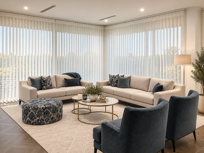 Veri Shades around a corner living room with neutral sofas