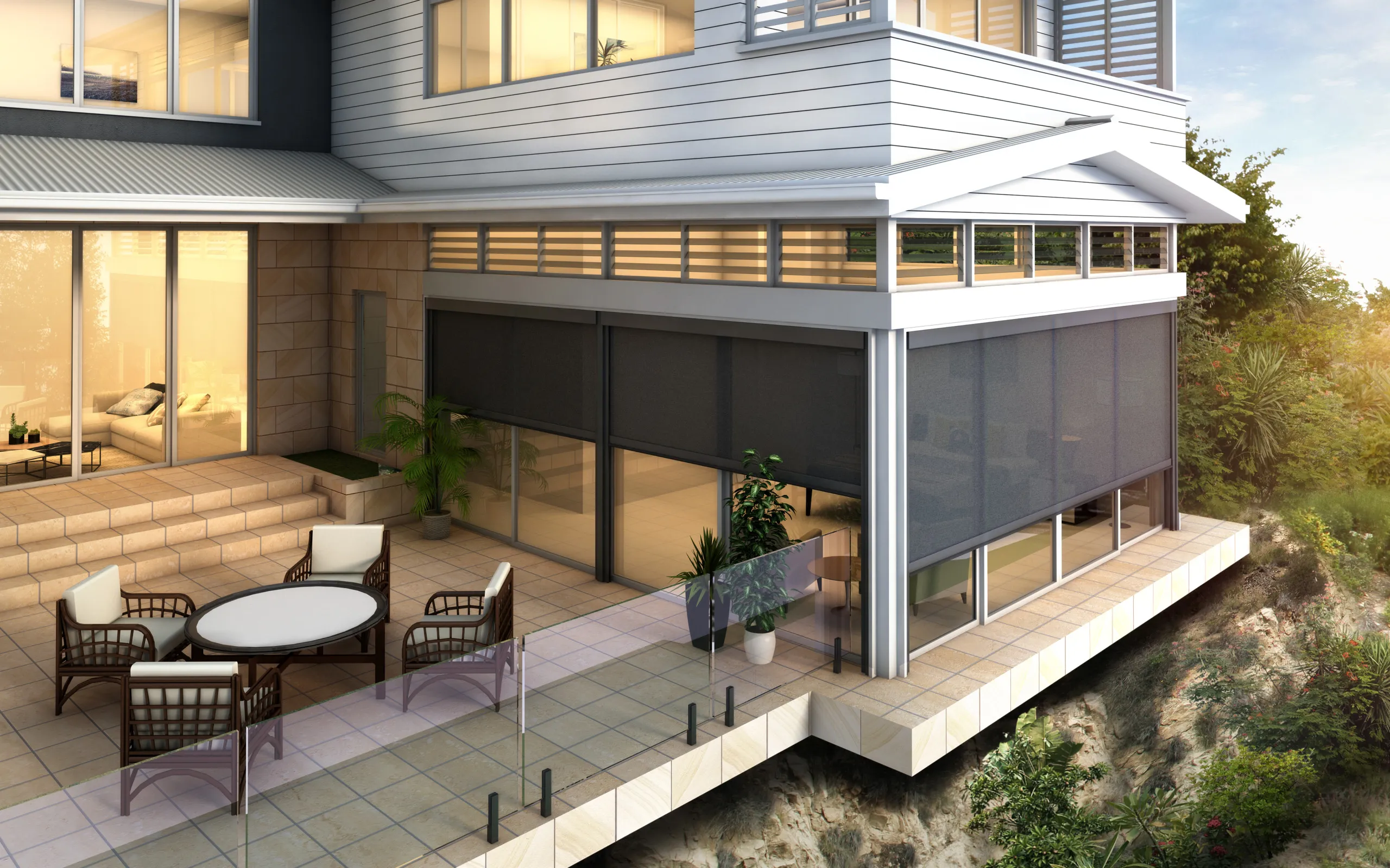 Detail of a ZipScreen side channel and mesh fabric providing a taut, gap-free outdoor screen